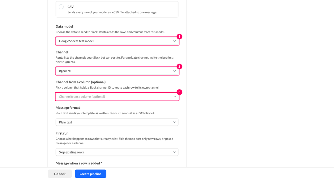 Data model, Channel, and Channel from a column dropdowns in the Slack pipeline settings
