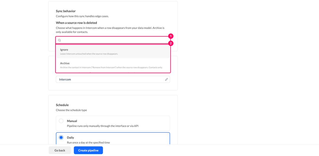 Выпадающий список When a source row is deleted с вариантами Ignore и Archive