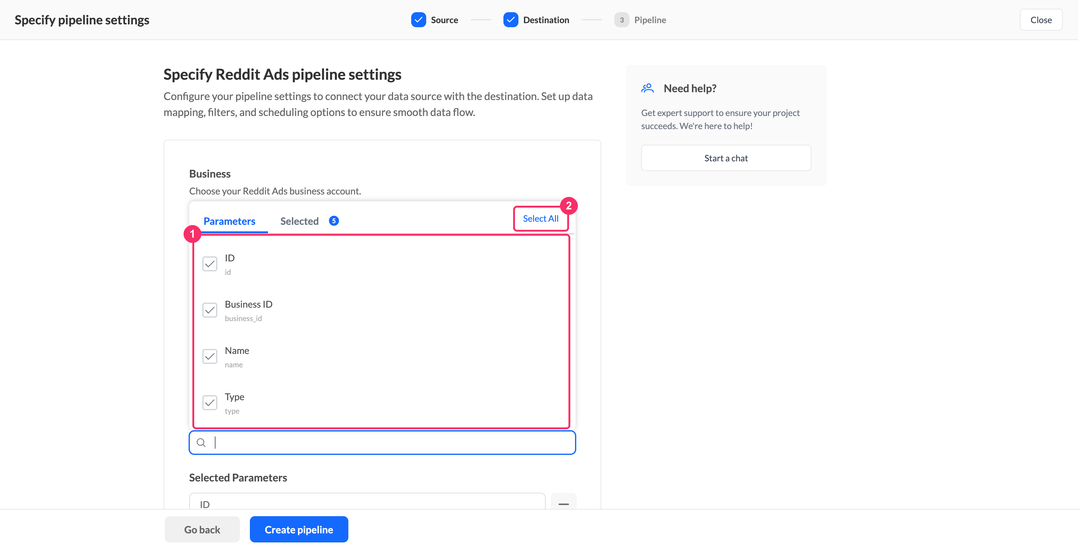 Reddit Ads parameter selection with the Select All button