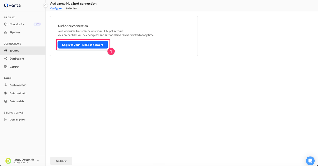 Authorize HubSpot connection page in Renta