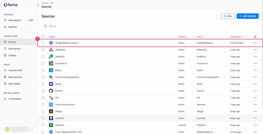 Sources list with the new Google BigQuery source in the Active status