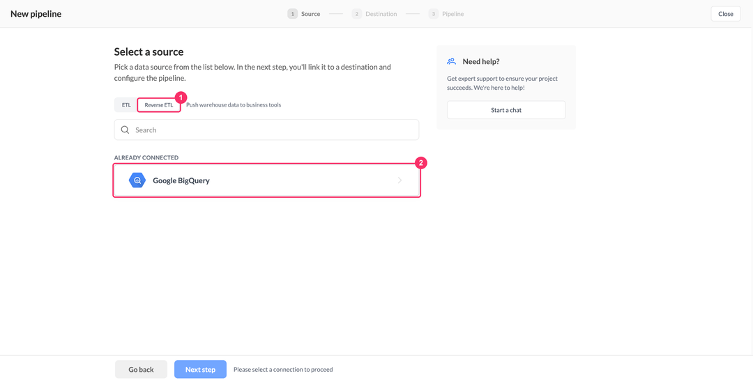 Select a source step with the Reverse ETL toggle and the Google BigQuery card