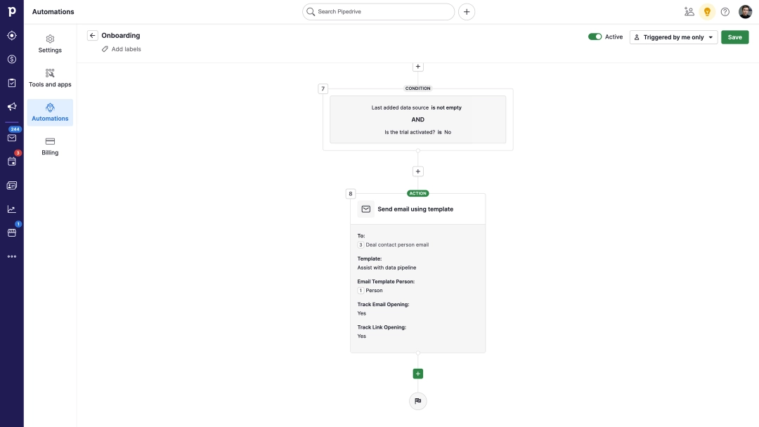Персонализированное электронное письмо отправляется автоматически, если пользователь добавил источник данных, но не создал интеграцию