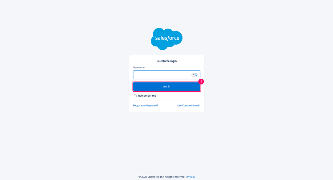Страница входа Salesforce с полем Username и кнопкой Log In