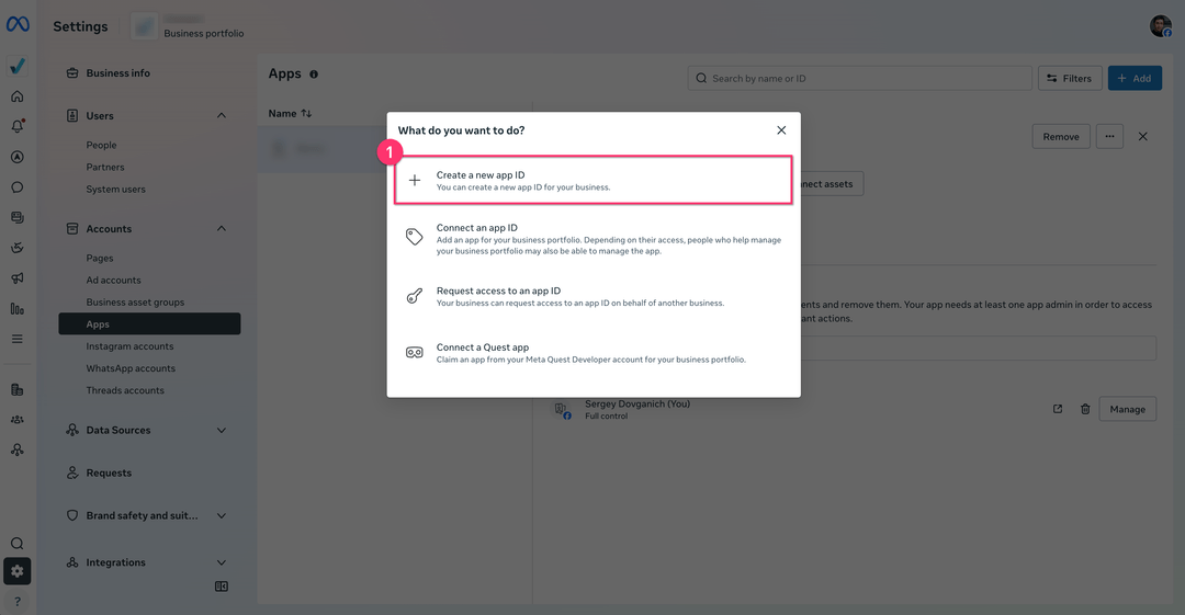 What do you want to do dialog with Create a new app ID