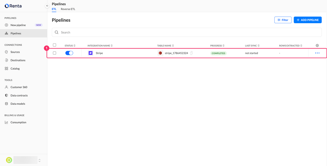Pipelines list with the new integration and its Amazon S3 folder name