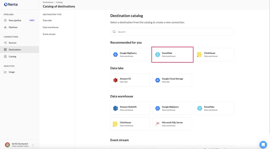 Select Snowflake destination