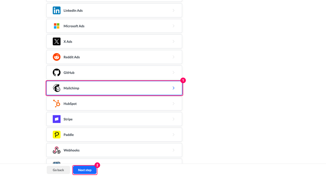 Select a source step with Mailchimp under Already connected and the Next step button