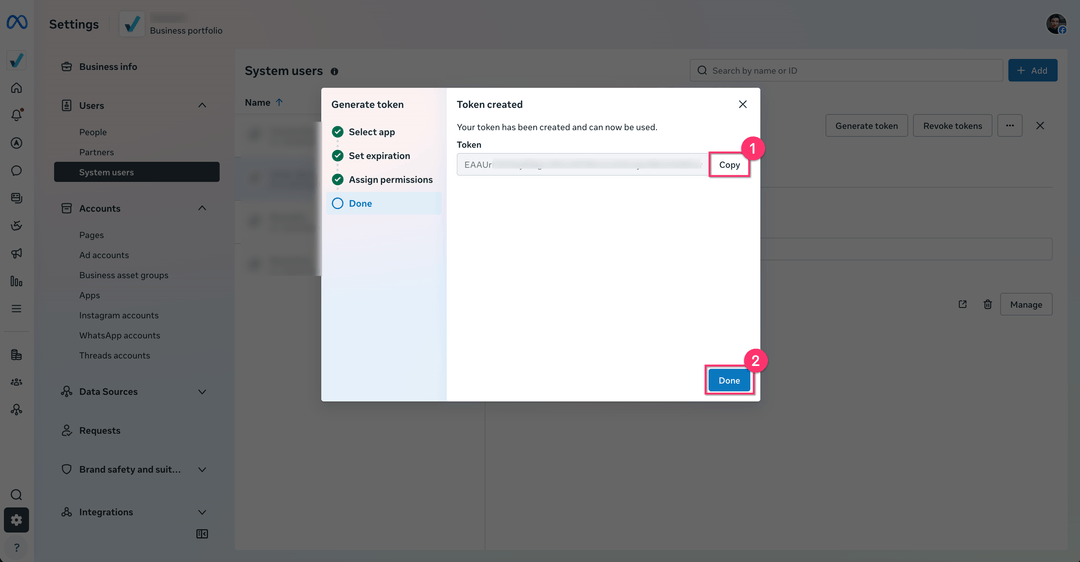 Token created dialog with the Copy button
