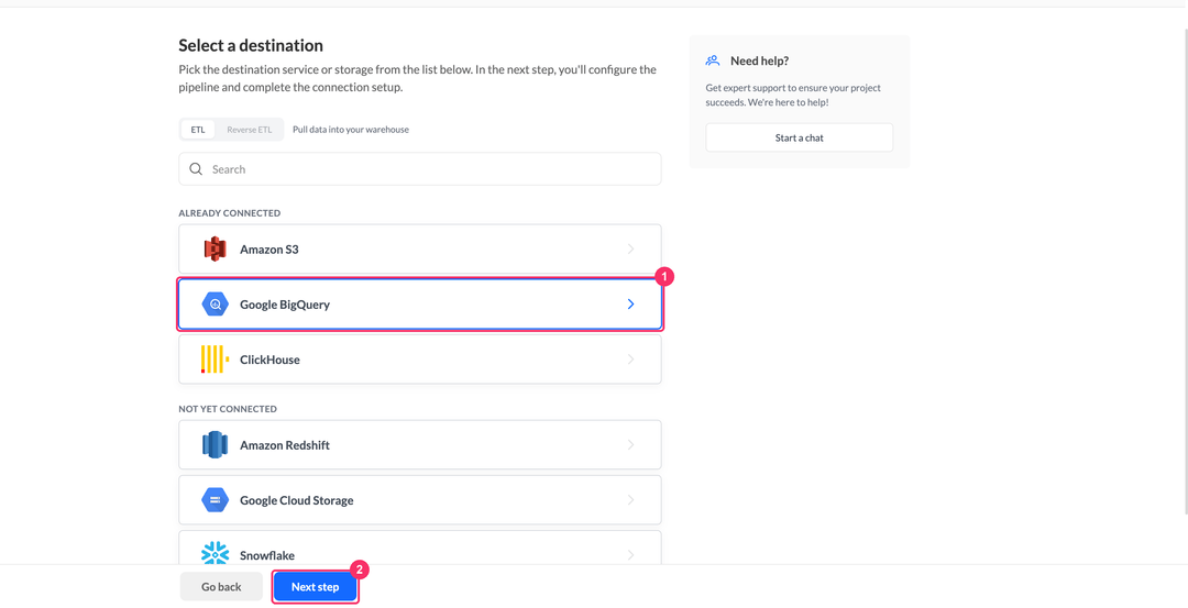 Select a destination step with Google BigQuery under Already connected