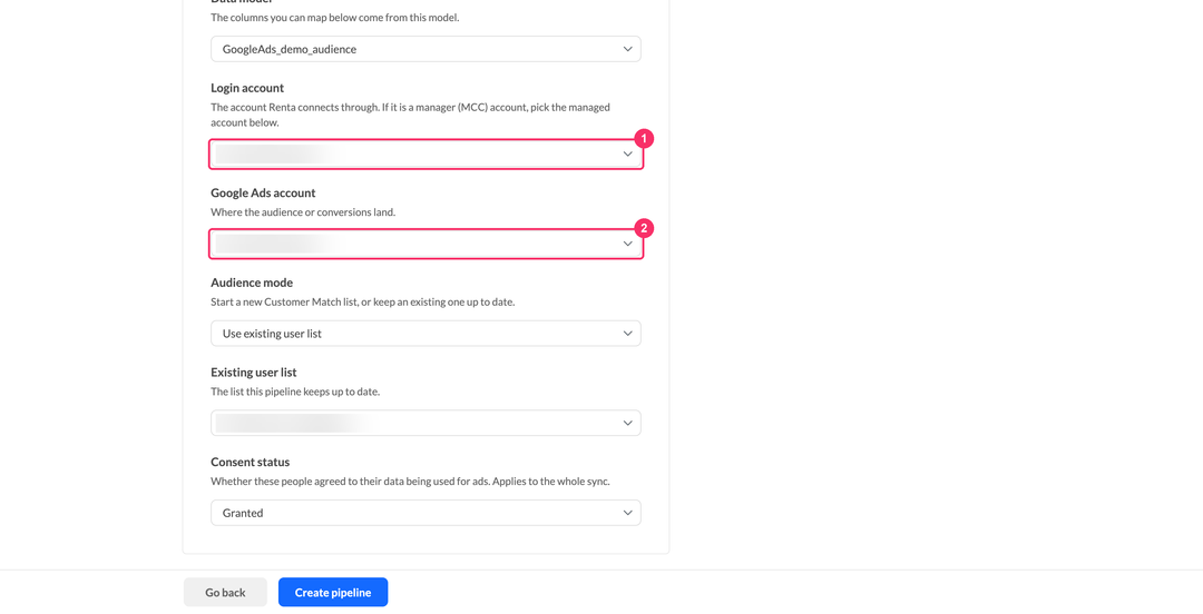 Списки Login account и Google Ads account в настройках пайплайна
