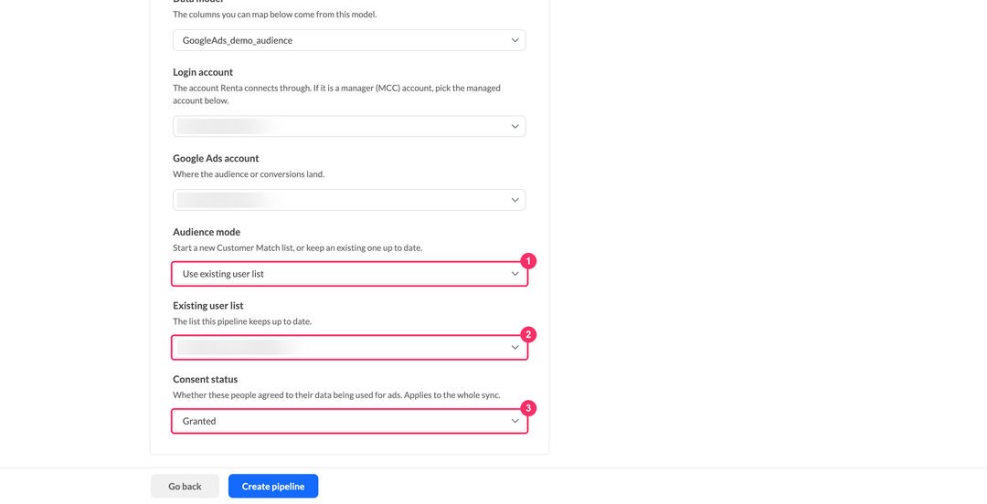 Настро йки Audience mode, Existing user list и Consent status