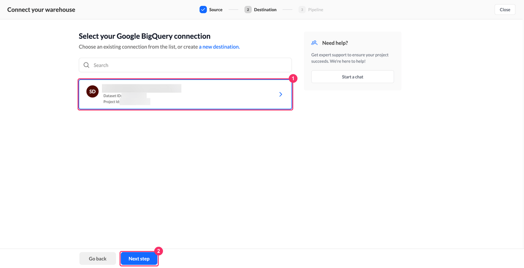 Select your Google BigQuery connection step with the dataset and project identifiers on the card