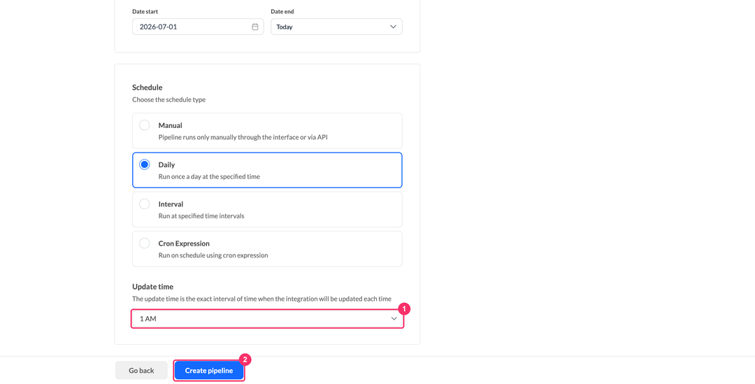 Выбор времени обновления и кнопка Create pipeline