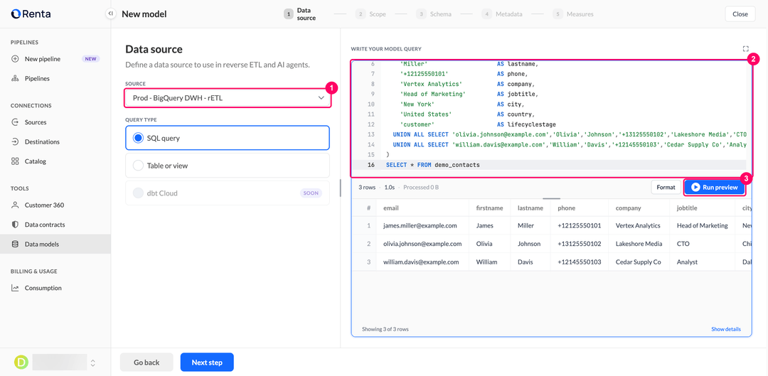Data source step with the warehouse connection, the SQL editor, and the query preview results
