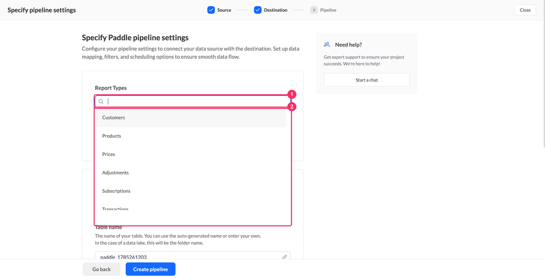 Paddle pipeline settings with the Report Types dropdown open