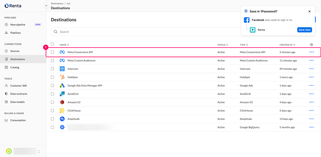 Destinations list with the new Meta Conversions API destination in Active status