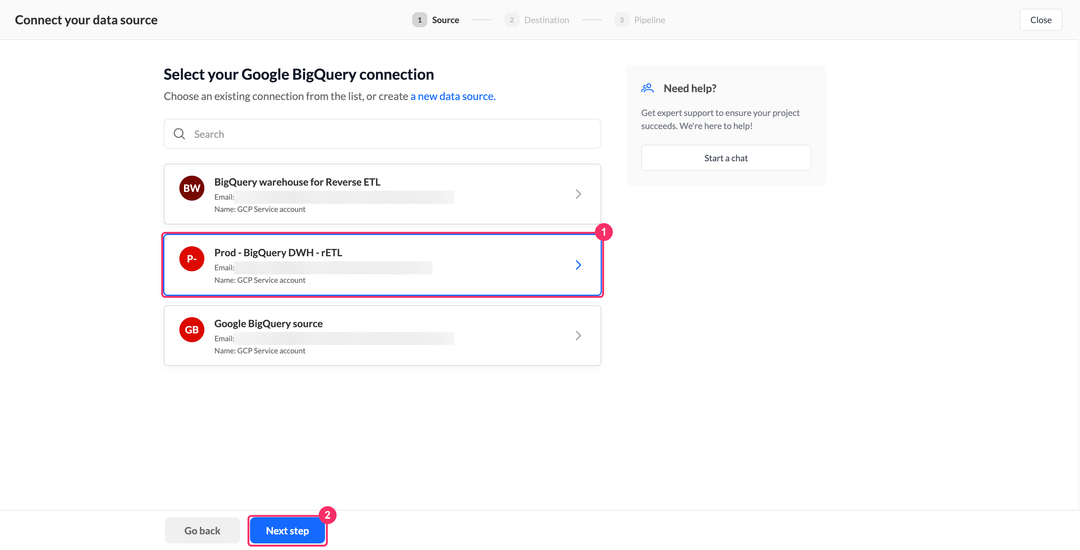 Шаг выбора подключения Google BigQuery в мастере создания пайплайна