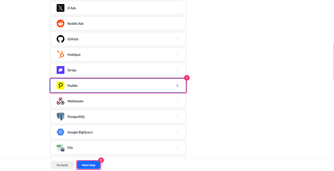 Select a source step with Paddle in the list of sources