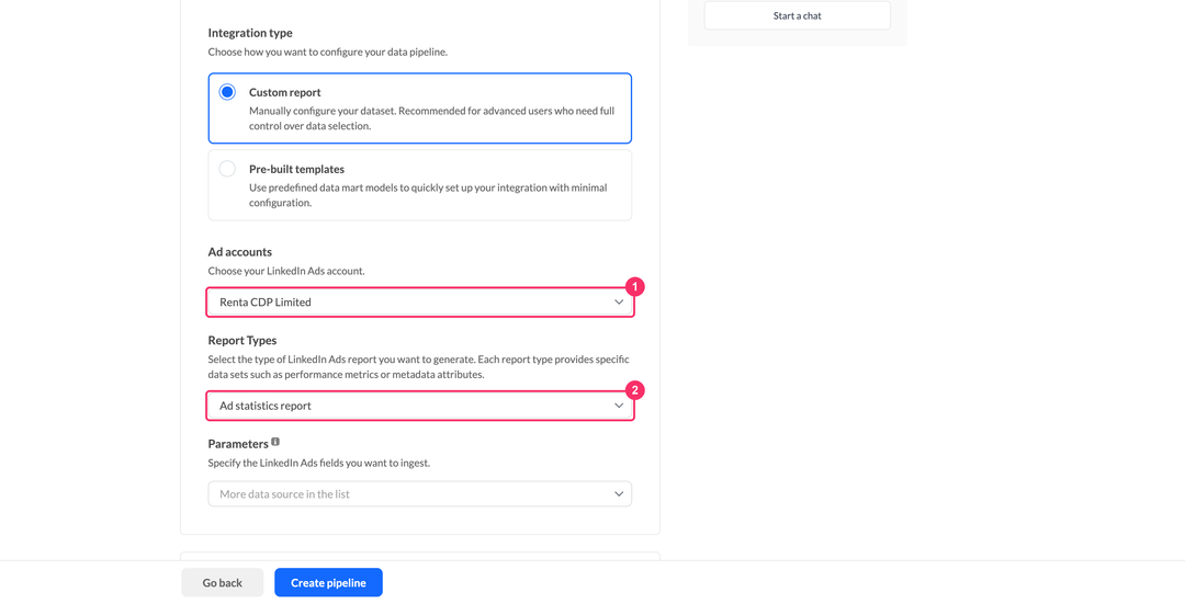 Выбор рекламного аккаунта и типа отчёта LinkedIn Ads