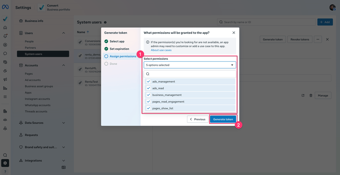 Assign permissions step with the required scopes selected