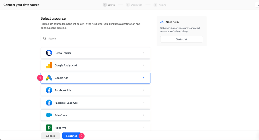 Select Google Ads as data source