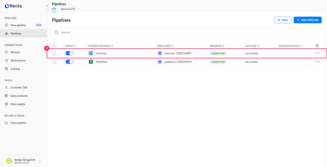 Pipelines list with the new Intercom integration in the Completed status