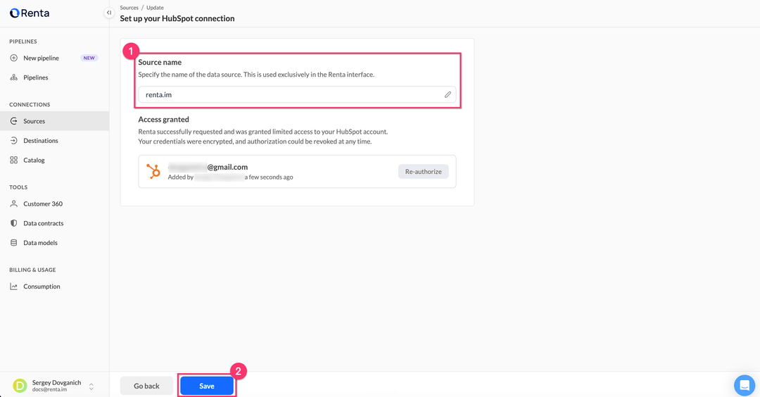 Set up your HubSpot connection with source name and access granted