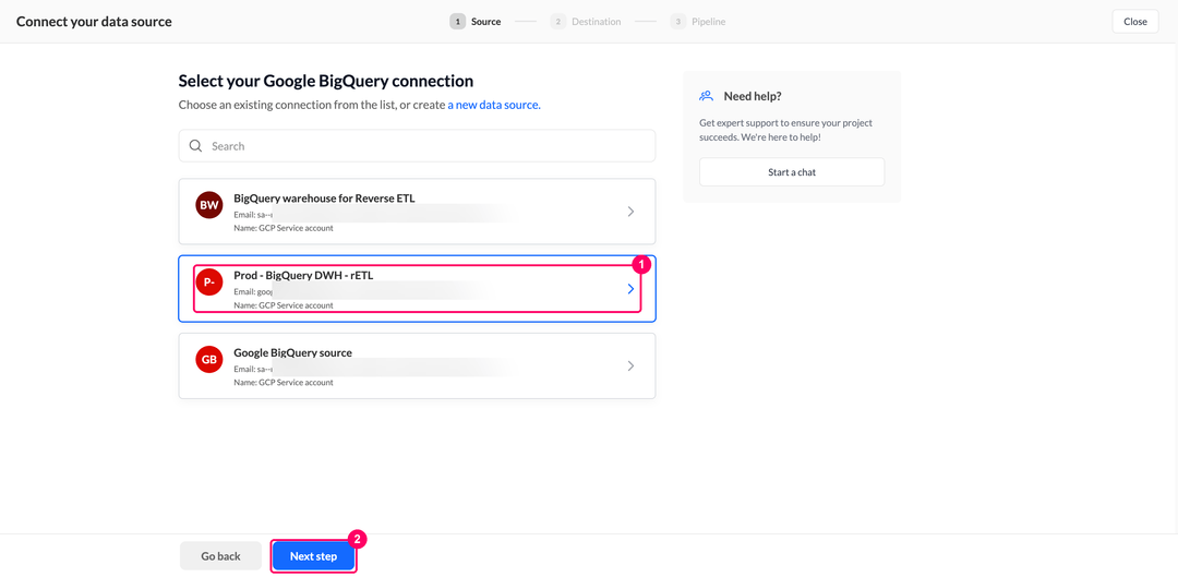 Select your Google BigQuery connection step with the warehouse connections listed