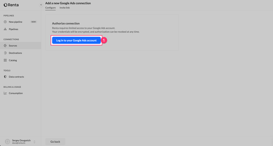 Страница добавления подключения Google Ads с кнопкой Log in