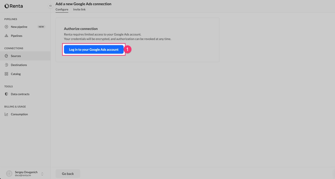 Страница добавления подключения Google Ads с кнопкой Log in