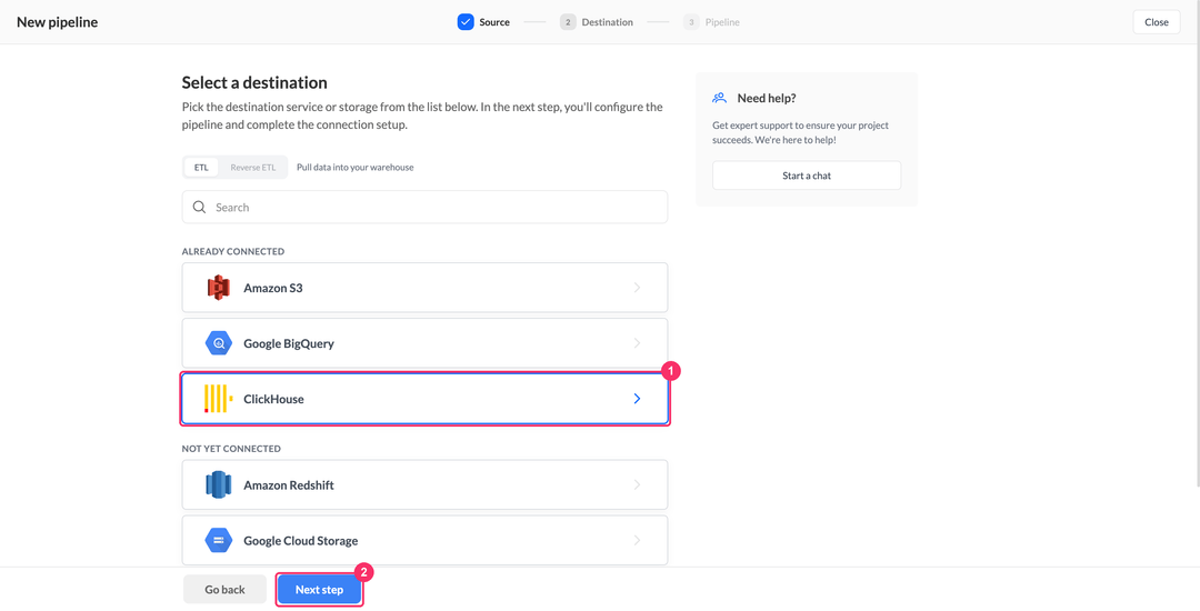 Select a destination step with the connected warehouses