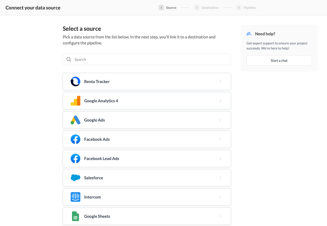 Selecting Display & Video 360 as the data source in Renta.