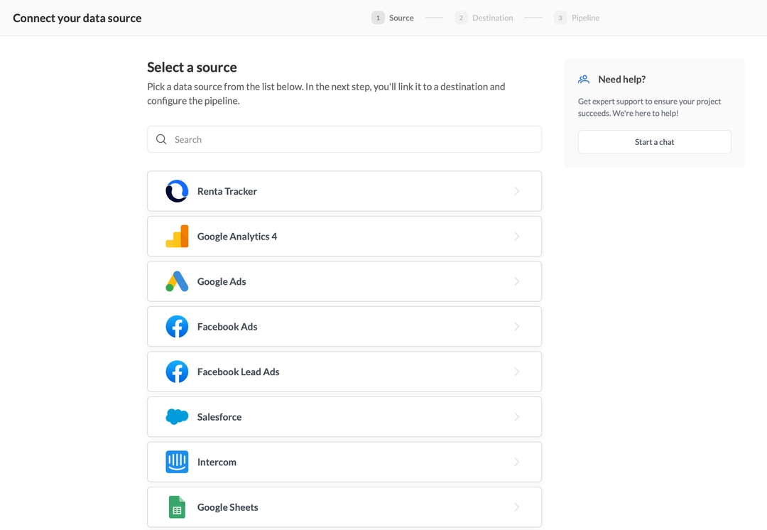 Выбор Facebook Ads в качестве источника данных в Renta.