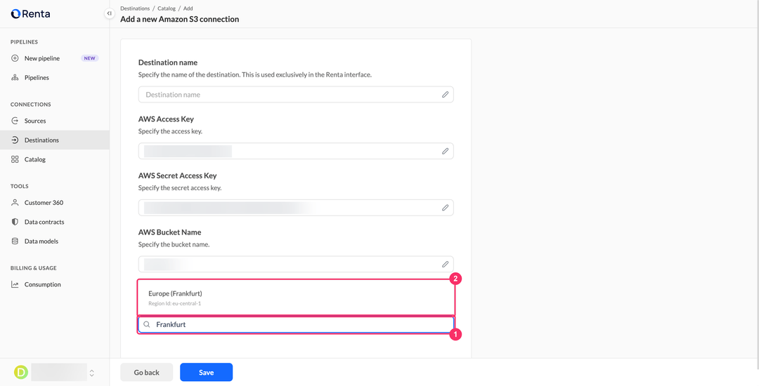 AWS region dropdown filtered to Europe (Frankfurt) on the Amazon S3 connection form