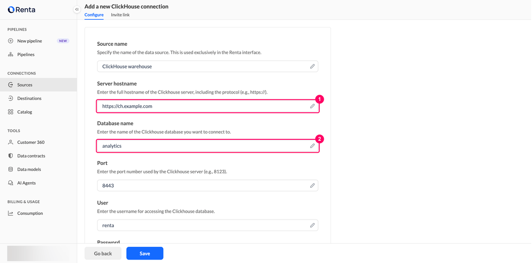 Форма подключения ClickHouse с заполненными полями Server hostname и Database name