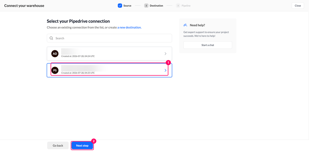 Шаг выбора подключения Pipedrive со списком доступных подключений