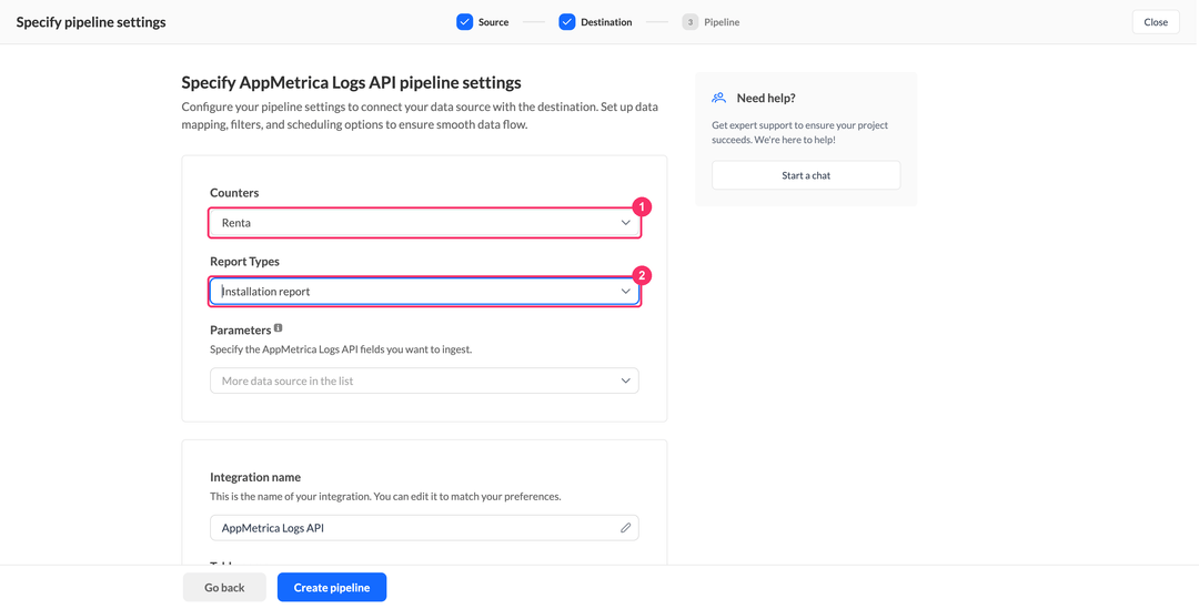 Выбор приложения AppMetrica Logs API и типа отчёта на шаге настройки пайплайна