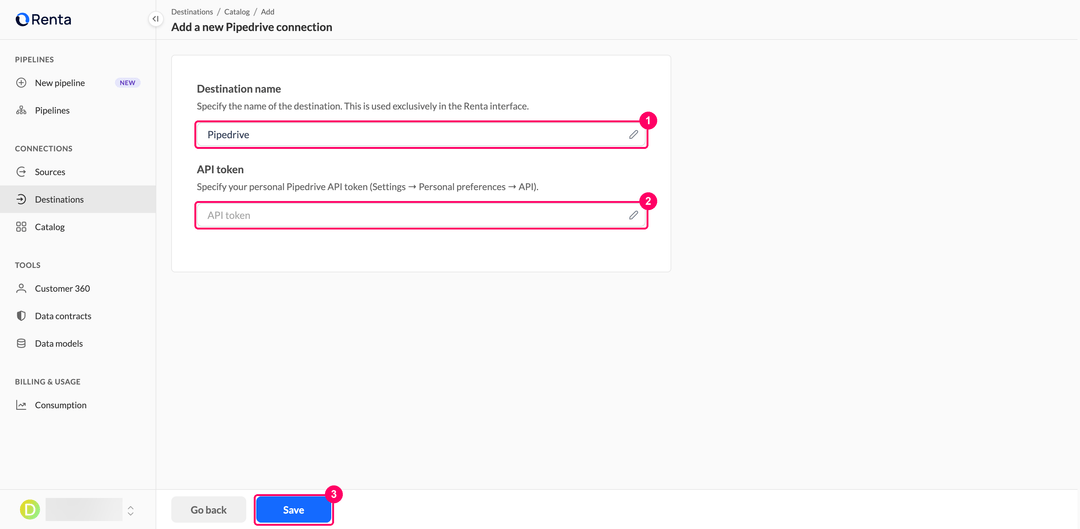 Страница подключения Pipedrive с полями имени назначения и API-токена