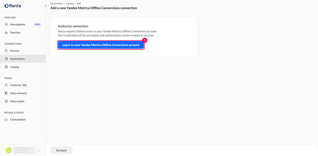 Authorize connection page with the Log in to your Yandex Metrica Offline Conversions account button