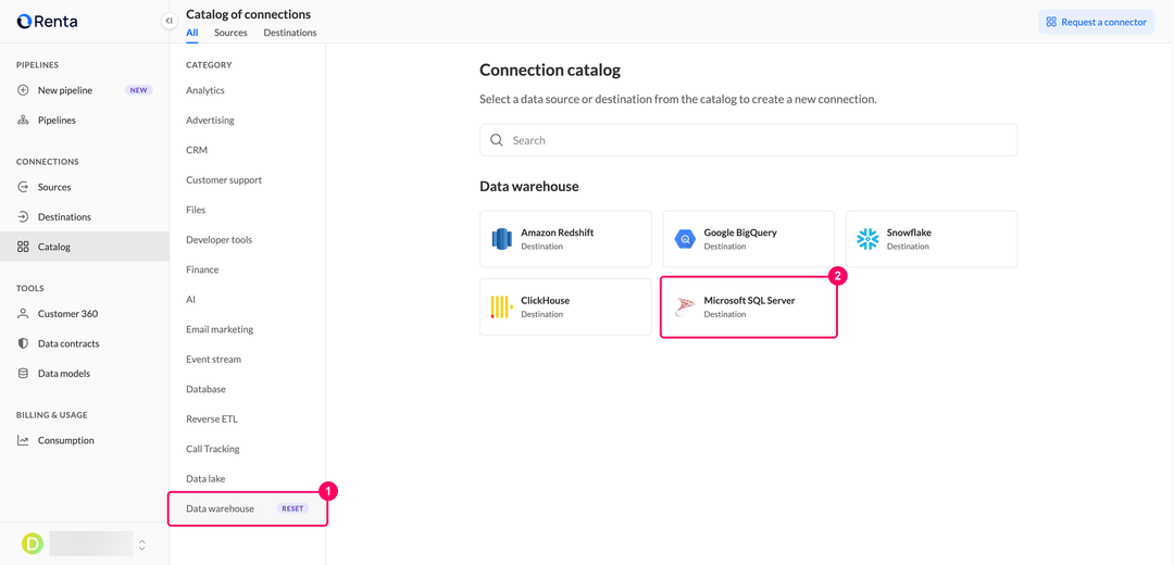 Карточка Microsoft SQL Server в категории Data warehouse каталога подключений Renta