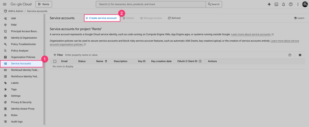 Clicking Create Service Account button in GCP