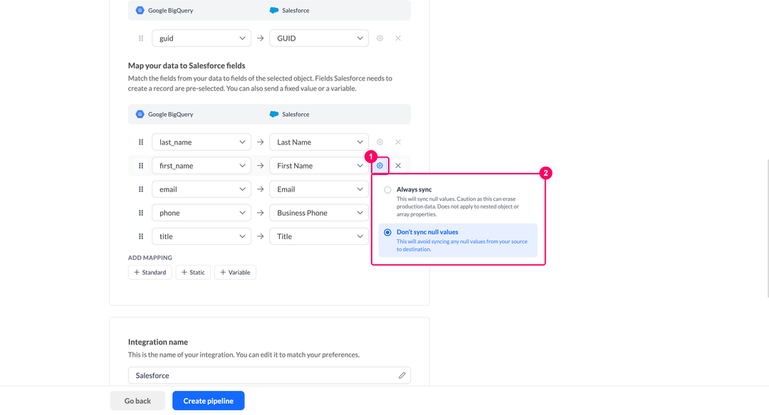 Попап Sync type строки маппинга с вариантами Always sync и Don't sync null values