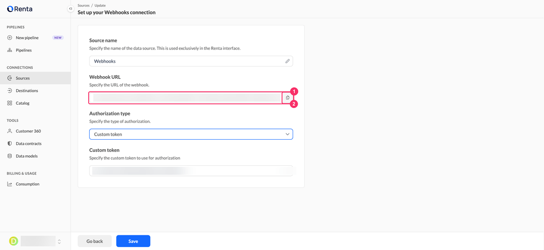 Webhooks connection card with the read-only Webhook URL field and the copy button