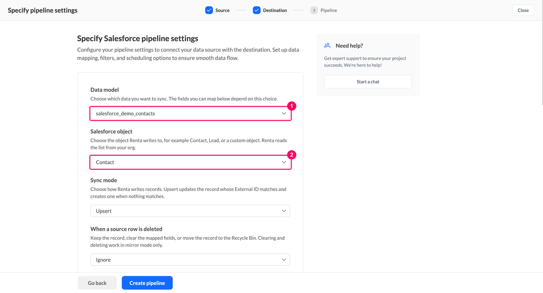 Списки Data model и Salesforce object в настройках пайплайна с выбранными демо-моделью и объектом Contact