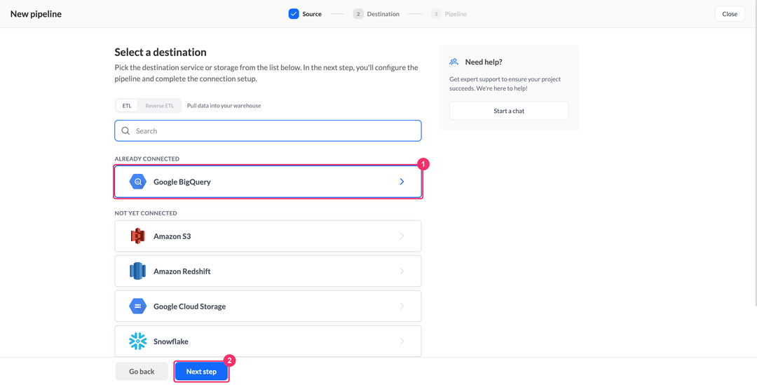 Select a destination step with Google BigQuery