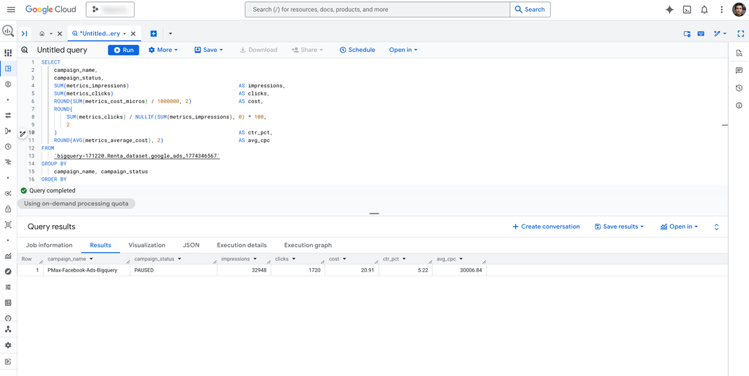 PMax campaign performance query result in Google BigQuery