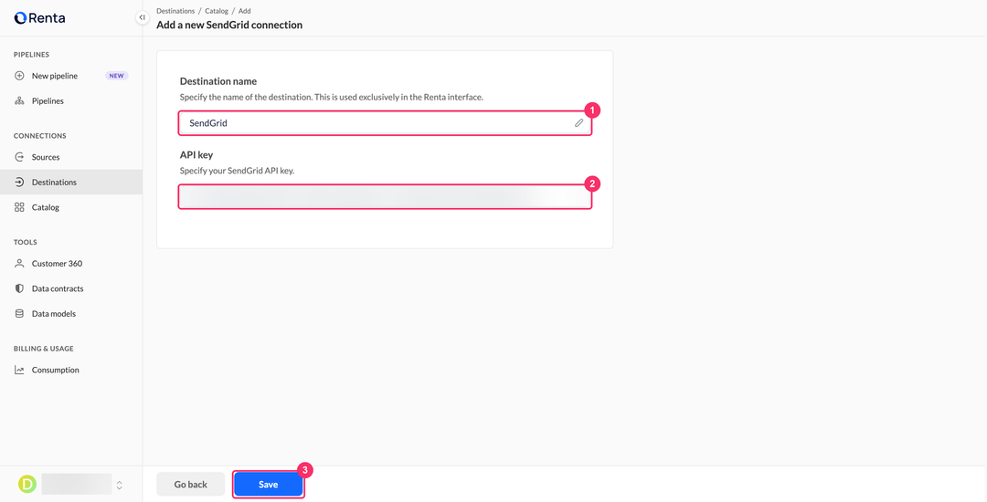 Страница добавления подключения SendGrid с полями имени назначения и API-ключа