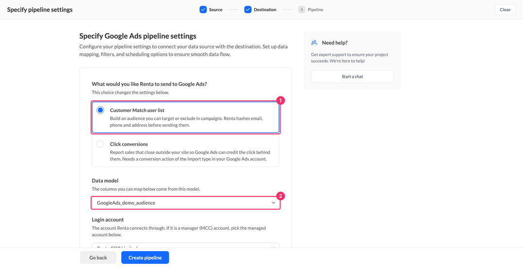Настройки пайплайна Google Ads с выбранным объектом Customer Match user list и списком моделей данных