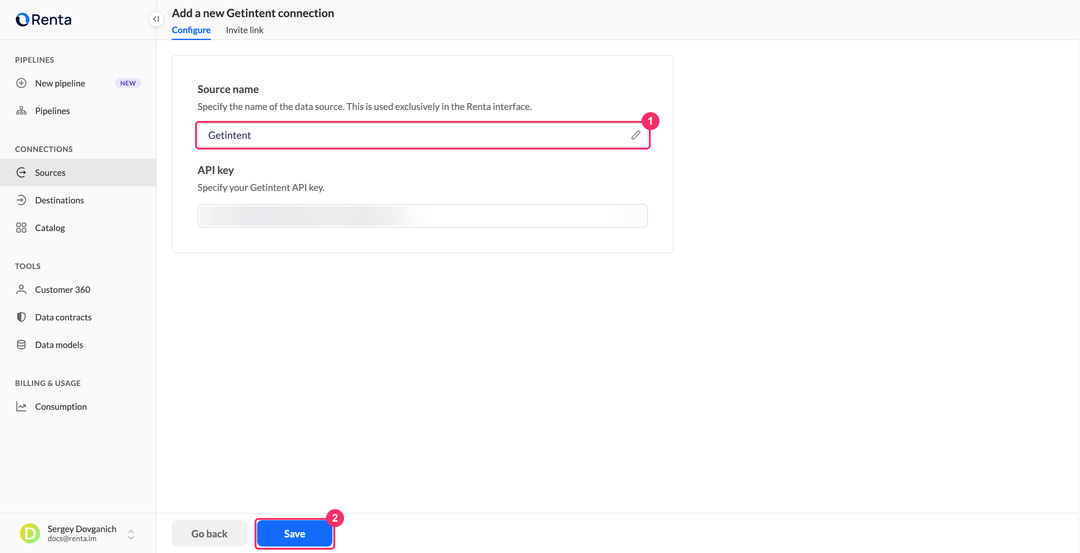 Getintent connection setup with the source name field and the Save button